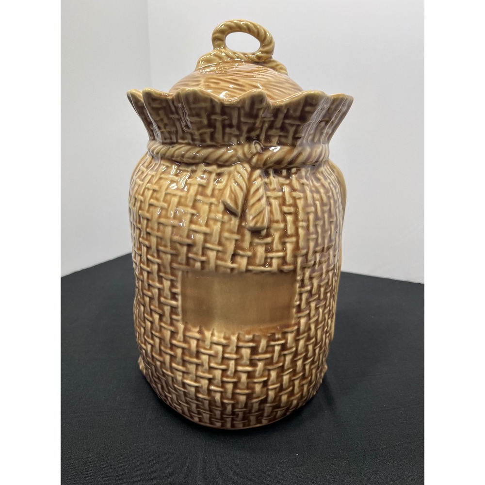 Vintage McCoy Tan Ceramic Burlap Sack Basket Weave Cookie Jar Lidded Canister
